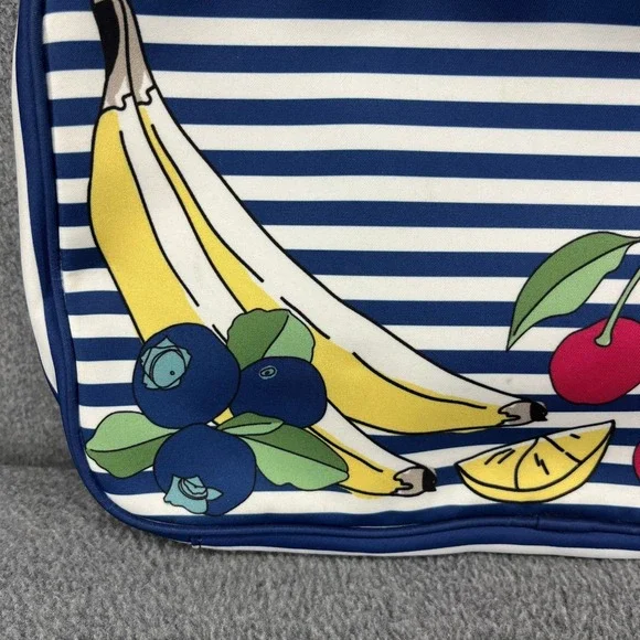 Tory Burch Cosmetic Bag Travel Toiletry Organizer Blue White Stripe Fruit Print - Picture 6 of 16